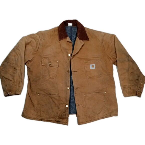 VTG  90s Carhartt Chore Jacket 46 Blanket Lined Made in USA Distressed Thrashed - Picture 1 of 10